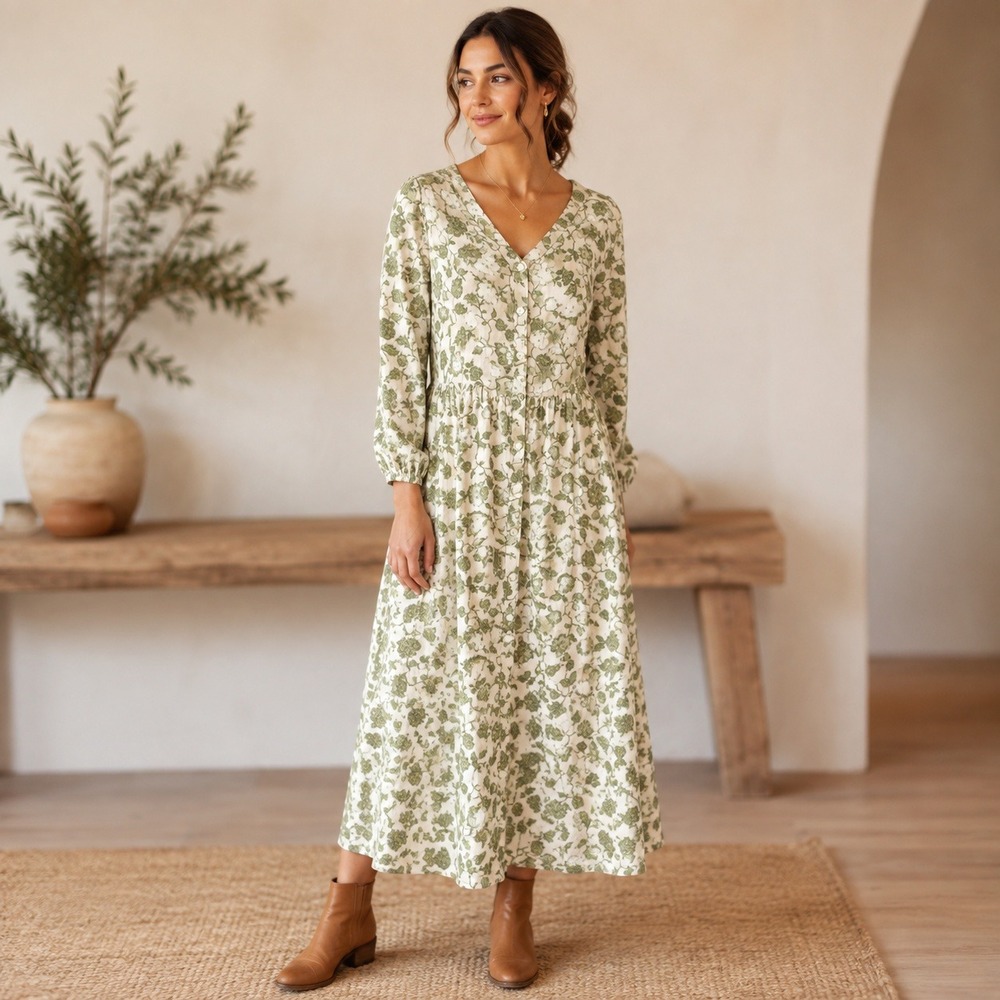 Encore by Idina Menzel Green Floral Cotton Midi Dress A596094 Small